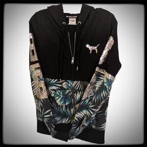 HTF Tropical VS PINK Zip Up Bling Hoodie Silver Sequins Spell PINK 86 + Dog Logo